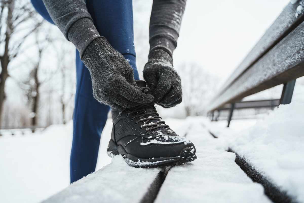 Hands tightening laces on winter boots in fresh snow, warm knit gloves visible.