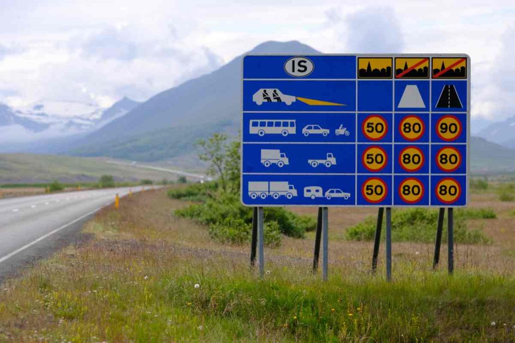 A large road sign in Iceland showing speed limits for different types of vehicles on various roads, set against a backdrop of mountains and open fields.
