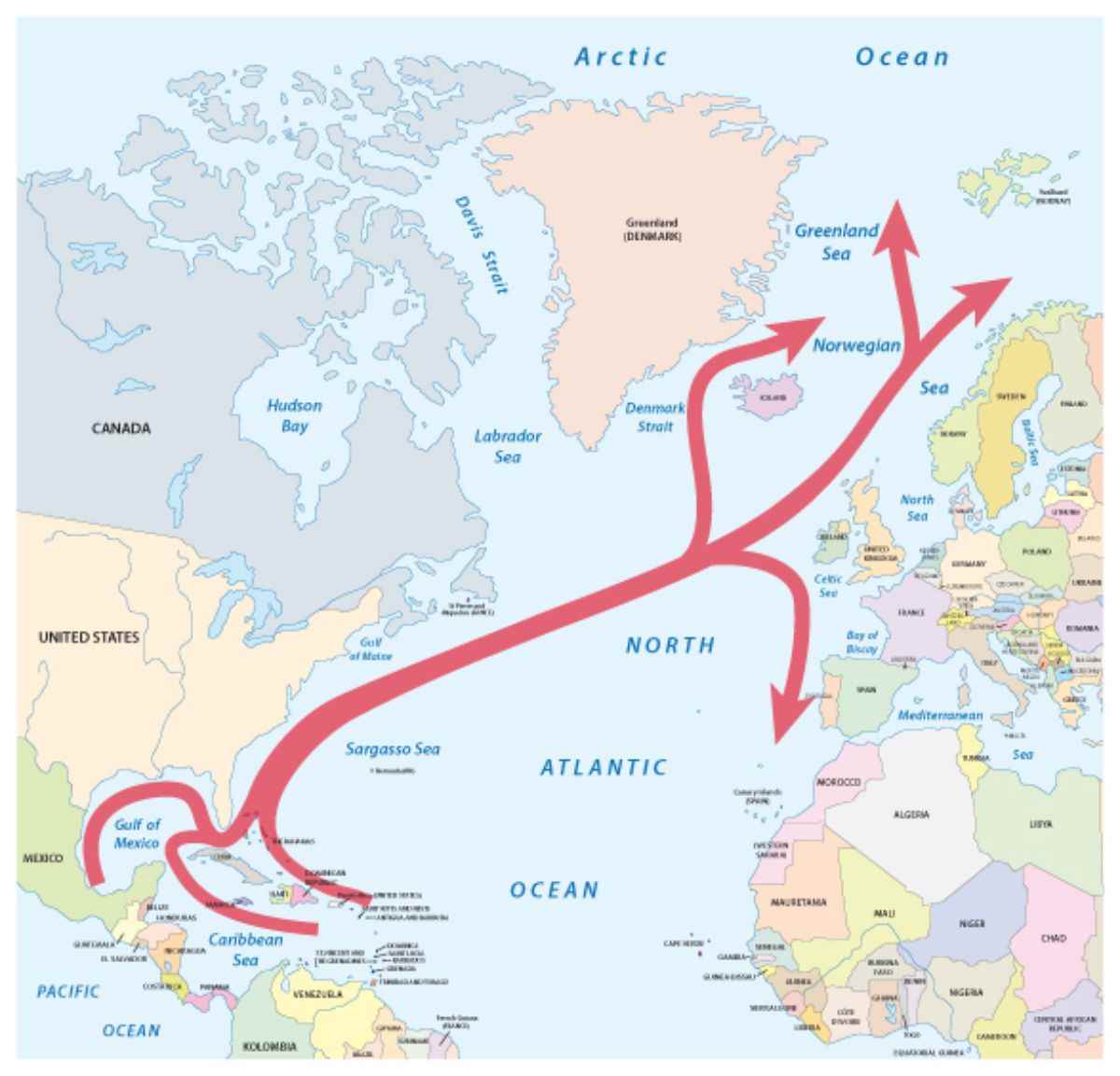 Map of the North Atlantic showing the Gulf Stream and North Atlantic Drift flowing toward Iceland, Norway, and Western Europe.