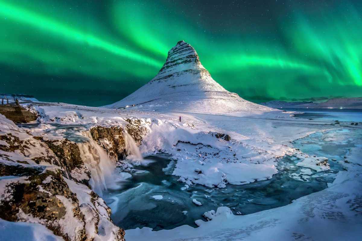 Northern Lights sweeping over snow-covered Kirkjufell and the frozen Kirkjufellsfoss waterfalls on a clear winter night in Iceland.