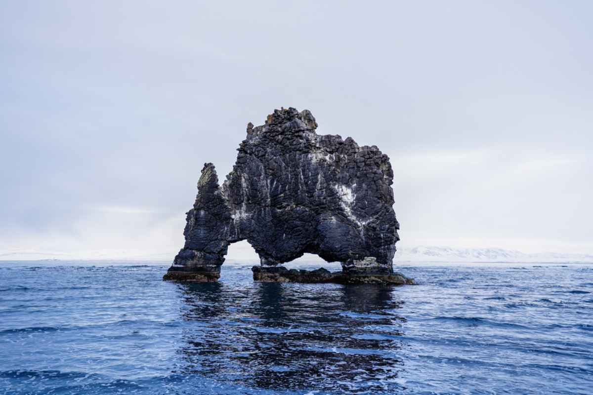 Hvitserkur basalt sea stack rising from the water like a stone arch in North Iceland.