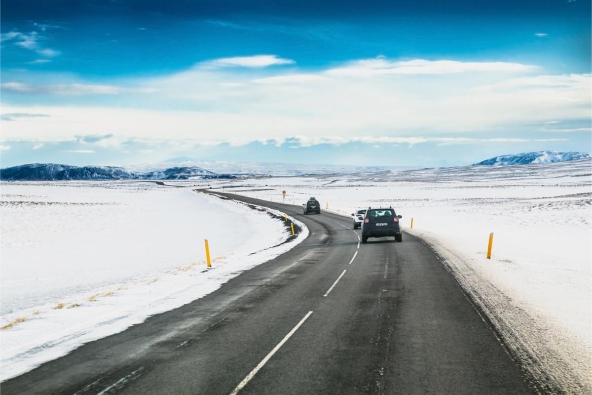 Iceland road with a snow covered landscape