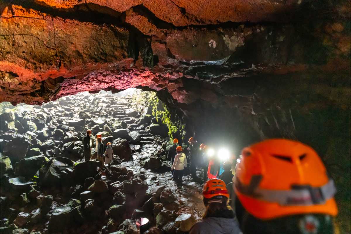 Exploring a lava cave in Iceland