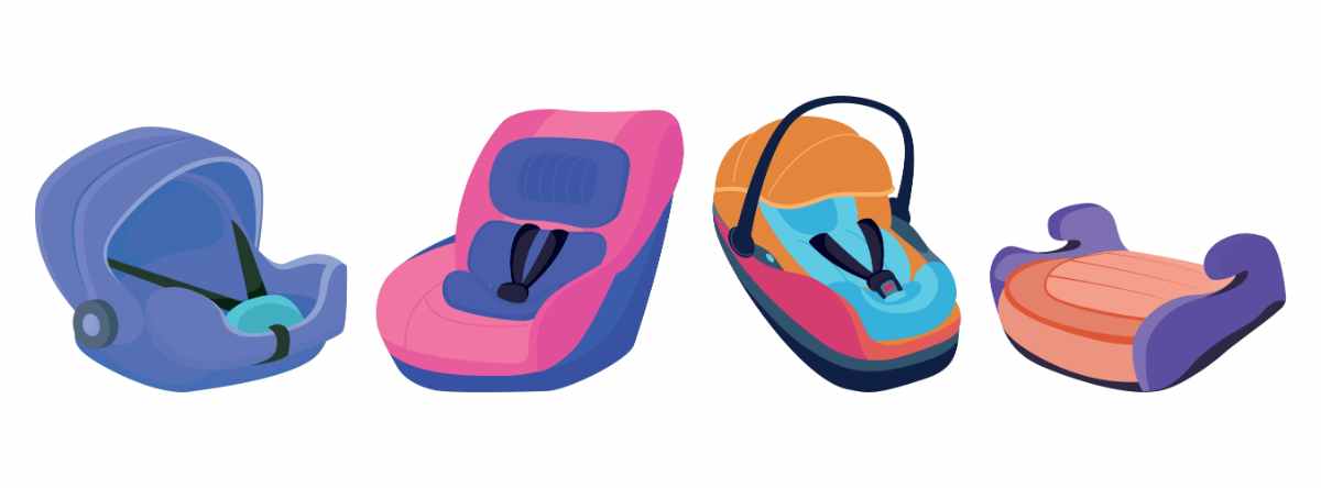 Four colorful child car seats are arranged side by side. Each seat has unique designs in shades of blue, pink, and orange.
